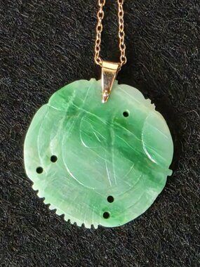 Elegant Vintage 10K Solid Gold Natural Jade Phoenix Pendant Necklace